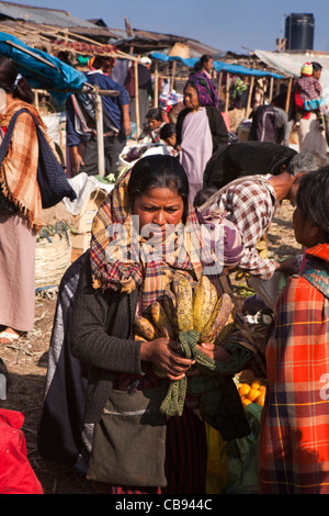 India, Meghalaya, Jaintia Hills, Shillong distretto, Ummulong Bazar, donna portando grande grappolo di banane Foto Stock