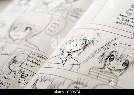 Dettaglio del bianco e nero-Giapponese in stile manga di disegni in un libro a fumetti Foto Stock