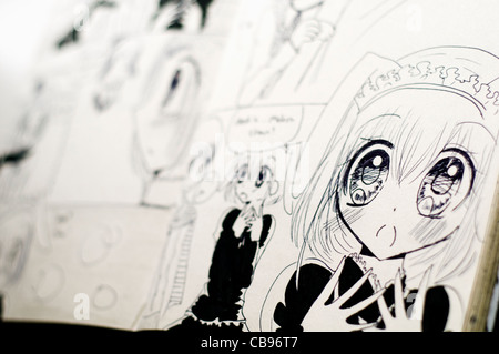Dettaglio del bianco e nero-Giapponese in stile manga di disegni in un libro a fumetti Foto Stock