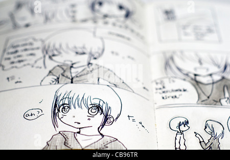 Dettaglio del bianco e nero-Giapponese in stile manga di disegni in un libro a fumetti Foto Stock