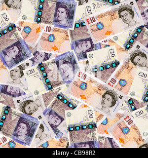 Denaro - dieci e venti pound note valuta sterlina vista aerea Foto Stock