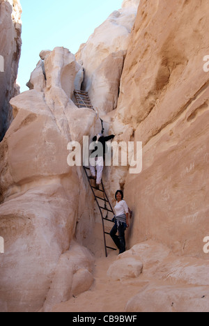 Guida Beduina con tourist salire le scale nel canyon bianco - Penisola del Sinai, Egitto Foto Stock