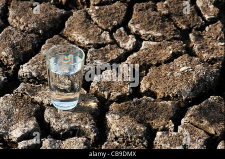 Bicchiere di acqua sul secco massa rotto. India Foto Stock