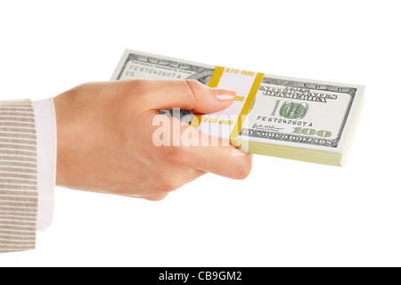 Immagine del lato femmina holding dollaro su sfondo bianco Foto Stock