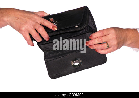 Femmine Womans persone mani con un vuoto in borsa Foto Stock