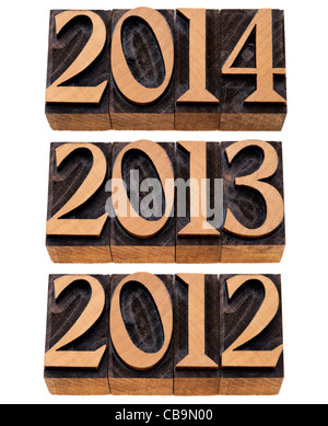 Entrata anni 2012, 2013, 2014 - numeri isolati in legno vintage blocchi di stampa Foto Stock