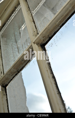 Legno marcio anta window danneggiata dalla presenza di umidità e condensa che necessitano di levigatura dell e riverniciatura per la riparazione Foto Stock