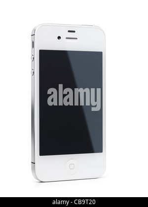 Bianco iPhone 4s smartphone Apple con schermo vuoto in piedi in un angolo. Isolato su sfondo bianco con percorso di clipping. Foto Stock