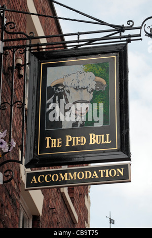 Pub segno sopra The Pied Bull public house di Chester, Cheshire, Regno Unito. Foto Stock