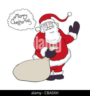 Babbo Natale con un sacco di doni congratulazioni dice in mongolfiere. Illustrazione Vettoriale eps8. Foto Stock