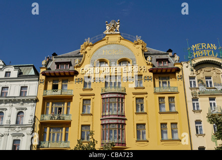 Facciata in art nouveau,, Grand Hotel Europa Wenceslas Square Praga Repubblica Ceca Foto Stock
