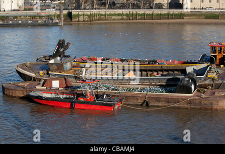 La pulizia delle chiatte sul Fiume Tamigi, Londra, Inghilterra, Regno Unito. Foto Stock