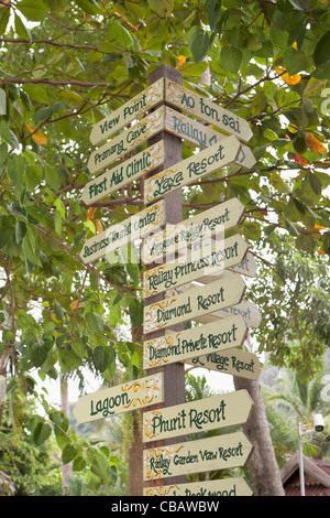 Indicazioni per varie destinazioni in Railey, Thailandia Foto Stock
