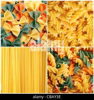 Un collage di vari tipi di pasta, matrice di quattro. Foto Stock