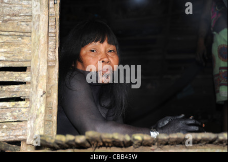 Donna indiana di Embera dipinta di nero alla comunità indigena di Embera Puru a Panama. Foto Stock