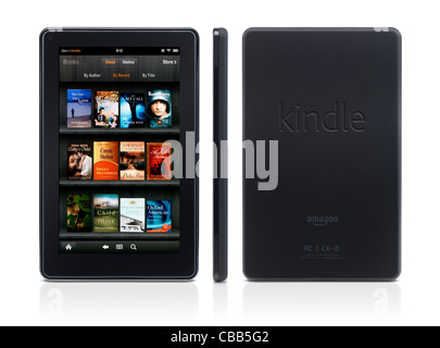 Amazon Kindle fuoco computer tablet e-book reader anteriore e posteriore vista laterale isolata su sfondo bianco Foto Stock