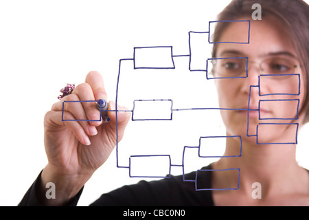 Imprenditrice il disegno di un organigramma su una lavagna bianca (focus sul disegno e il punto di penna) Foto Stock