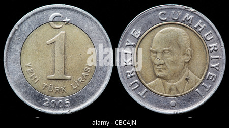 1 Lira moneta, Turchia, 2005 Foto Stock