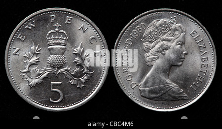 5 nuovi pence coin, UK, 1980 Foto Stock