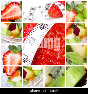 Collage vegetariano con frutta salat e metro a nastro Foto Stock