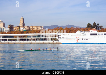 Canoisti nel rinnovato porto di Malaga, Cattedrale di background, Costa del Sol, Andalusia. Foto Stock