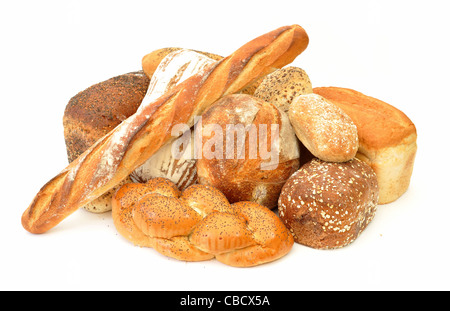 Varietà di pane focacce e baguette su sfondo bianco Foto Stock