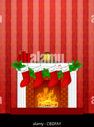 Camino decorazione di Natale con una ghirlanda calza pilastro candele e Mantel Clock sul rosso Sfondo immagine Foto Stock