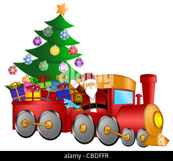 Babbo Natale e la renna offrire doni in trenino rosso con albero di Natale illustrazione Foto Stock