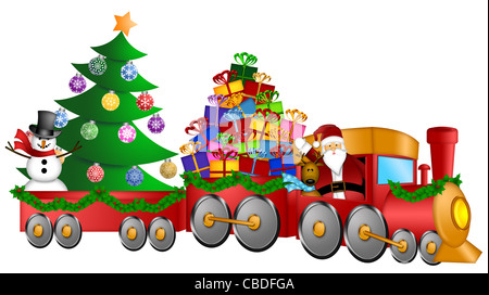 Babbo Natale e la renna offrire doni in trenino rosso con pupazzo di neve e albero di Natale illustrazione Foto Stock