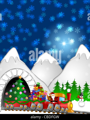 Babbo Natale e la renna offrire doni in trenino rosso con pupazzo di neve e albero di Natale in scena invernale illustrazione Foto Stock