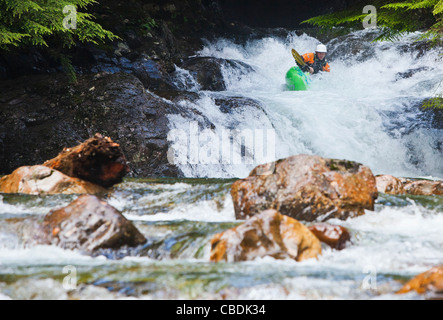 Un uomo kayak verso il basso una serie di piccole cascate, Snoqualmie River (sud forcella), Washington, Stati Uniti d'America. Rientrano nell'area di parete. Foto Stock