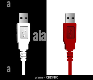 Cavi USB in bianco e rosso su nero e sfondo bianco. File vettoriale disponibile. Foto Stock