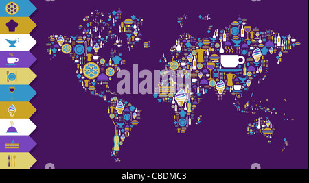 Mondo mappa del mondo forma resa con icone gourmet su sfondo viola. File vettoriale disponibile. Foto Stock