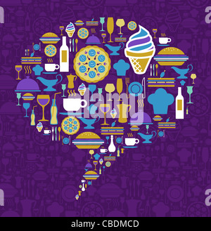 Finestra di dialogo forma di bolla realizzata con icone gourmet su uno sfondo violetto. File vettoriale disponibile. Foto Stock