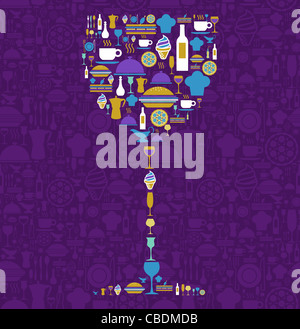 Il vino la forma del bicchiere realizzato con cibo e bevande icona impostare su sfondo viola. File vettoriale disponibile. Foto Stock