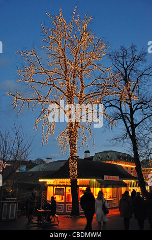 Le bancarelle del mercato e le luci fairy a Liseberg Mercatino di Natale, Göteborg, Västergötland & Bohuslän Provincia, il Regno di Svezia Foto Stock