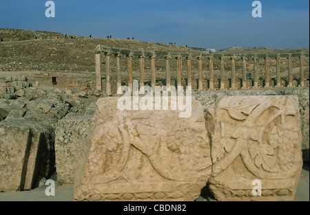 Forum ovale presso le rovine Romane di Jerash in Giordania Foto Stock