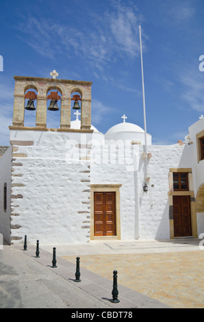Chiesa dipinto di bianco in Skala su Patmos Island, Grecia Foto Stock
