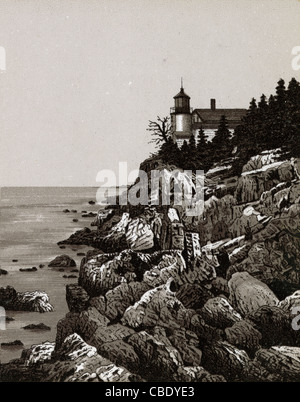 Circa 1895 vista del porto basso faro capo in Bar Harbor, isola di Mount Desert, Maine, Stati Uniti d'America. Da un souvenir antichi album utilizzando il Glaser/Frey processo litografico. Foto Stock