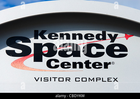 Segno al di fuori del Complesso Visitatori del Centro Spaziale Kennedy, Merritt Island, Florida, Stati Uniti d'America Foto Stock