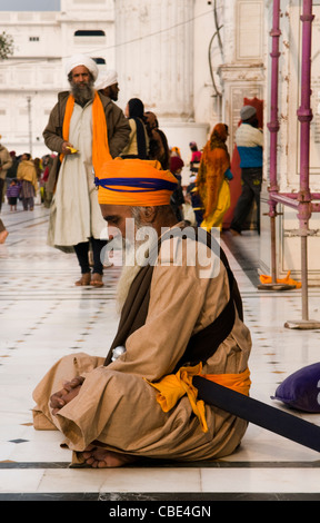 Un Nihang Sikh seduta dal laghetto del tempio d'oro in India. Foto Stock