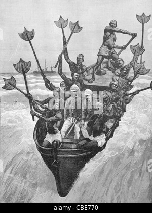 Gli ufficiali coloniali francesi arrivano sulla riva, addolciati dalla gente del posto, a Cotonou, Dahomey, ora Benin. 1892 incisione o illustrazione d'epoca Foto Stock