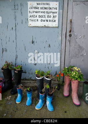 Stivali in gomma con fiori in loro, St Monans, Fife Foto Stock