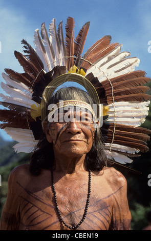 Il Brasile. Karaja Indian elder indossando il tradizionale copricapo di piume, collana di semi e body paint. Foto Stock