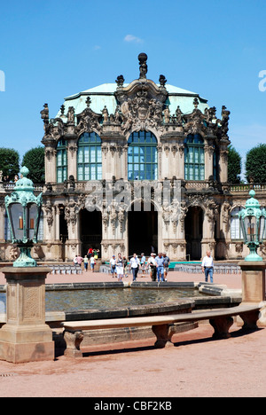 I turisti nel cortile interno del Zwinger di Dresda nel davanti del Wallpavilion nell'impianto barocco. Foto Stock