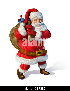 Santaclaus in piedi con la borsa dietro le sue spalle, con giocattoli inisde. Su sfondo bianco. Foto Stock