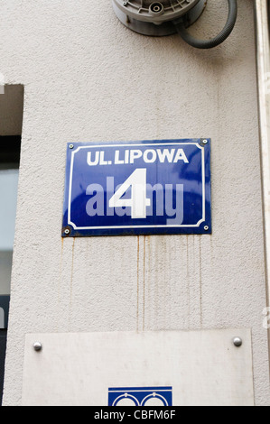 Strada segno sulla parte esterna del Oskar Schindler in fabbrica, a Ul. Lipowa 4, Cracovia Foto Stock