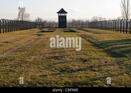 Torre di vedetta accanto elettrificata di filo spinato recinto di sicurezza ad Auschwitz Berkenau campo di concentramento nazista Foto Stock