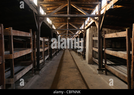 Baracche di legno in Auschwitz Berkenhau II campo di concentramento, ciascuna delle quali è atta a contenere 550 prigionieri, ma in realtà alloggiati oltre mille prigionieri. Foto Stock