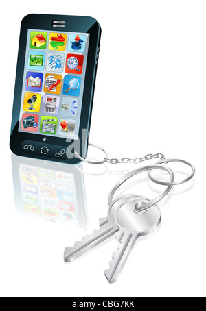 Illustrazione del telefono mobile con chiavi allegate. Concetto per un sicuro accesso al telefono o telefono lo sblocco. Foto Stock